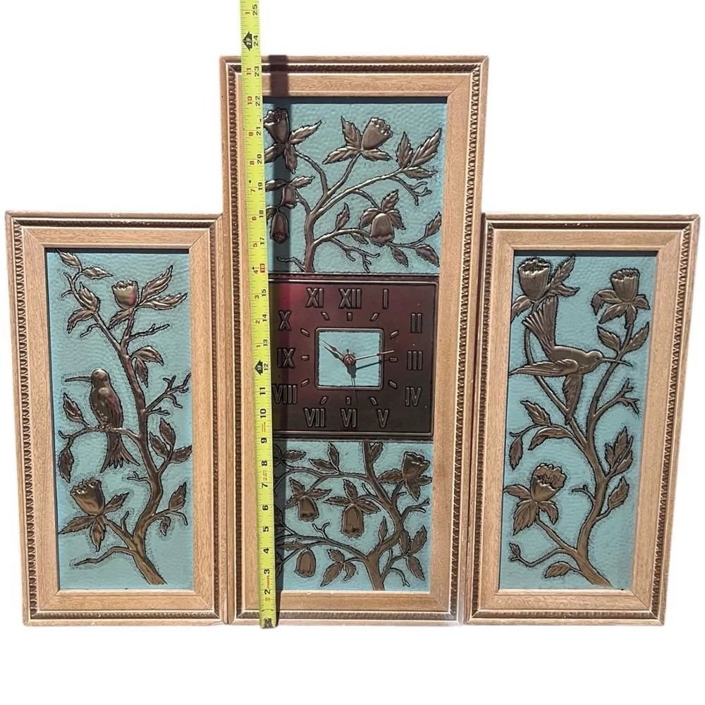 Veg Mid Century 3 Panel Teal/Green Wall Art Clock W/Hummingbirds & Tulips Quarts
